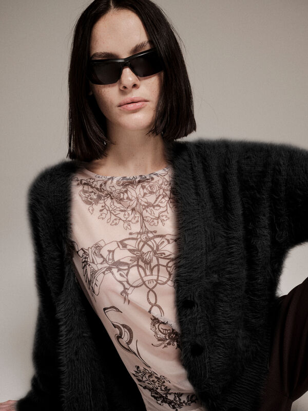 T-shirt beige en tulle à imprimé - hauts pour femme | Sisley