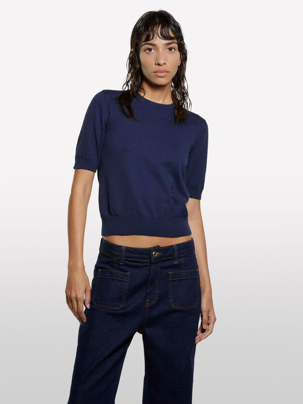 Chemise à manches courtes bleu marine Chemise à manches courtes bleu marine - pulls col rond pour femme | Sisley
