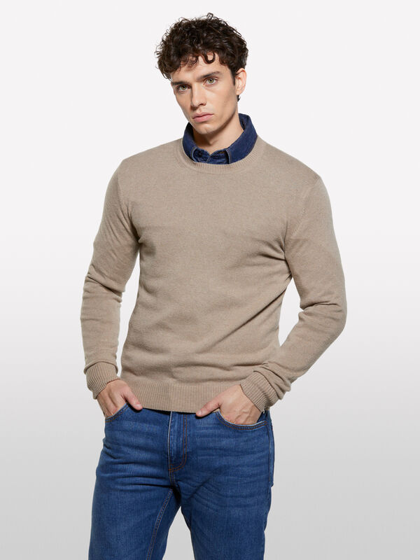 Pull col rond beige foncé coupe classique Pull col rond beige foncé coupe classique - pulls col rond pour homme | Sisley