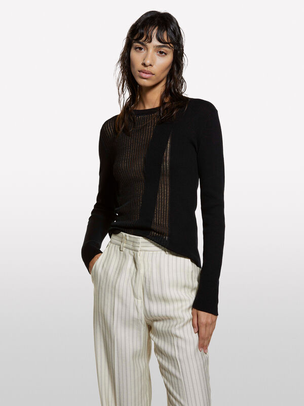 Pull en tricot noir - pulls col rond pour femme | Sisley