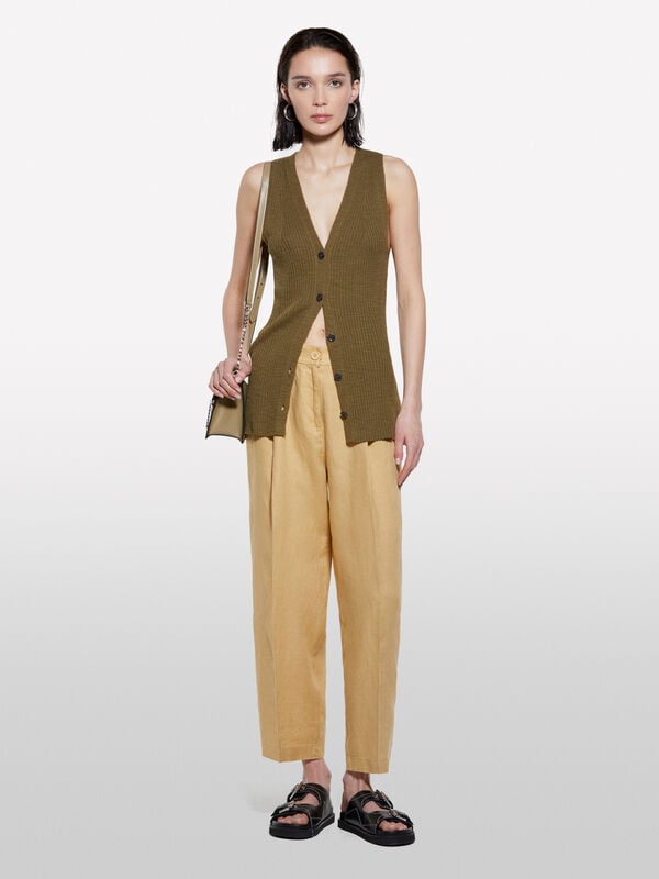 Pantalon moutarde coupe décontractée en 100% lin - pantalons regular pour femme | Sisley