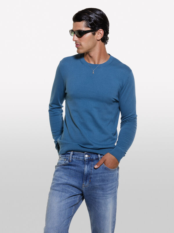 Pull uni bleu - pulls col rond pour homme | Sisley