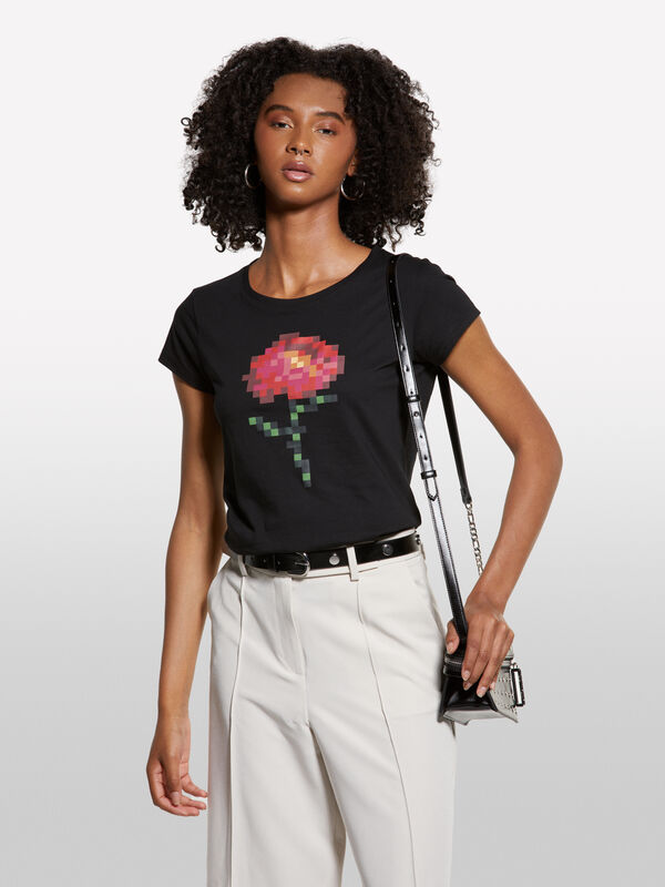 T-shirt noir à imprimé floral - t-shirts à manches courtes pour femme | Sisley