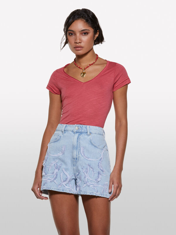 T-shirt col V rose poudré - t-shirts à manches courtes pour femme | Sisley