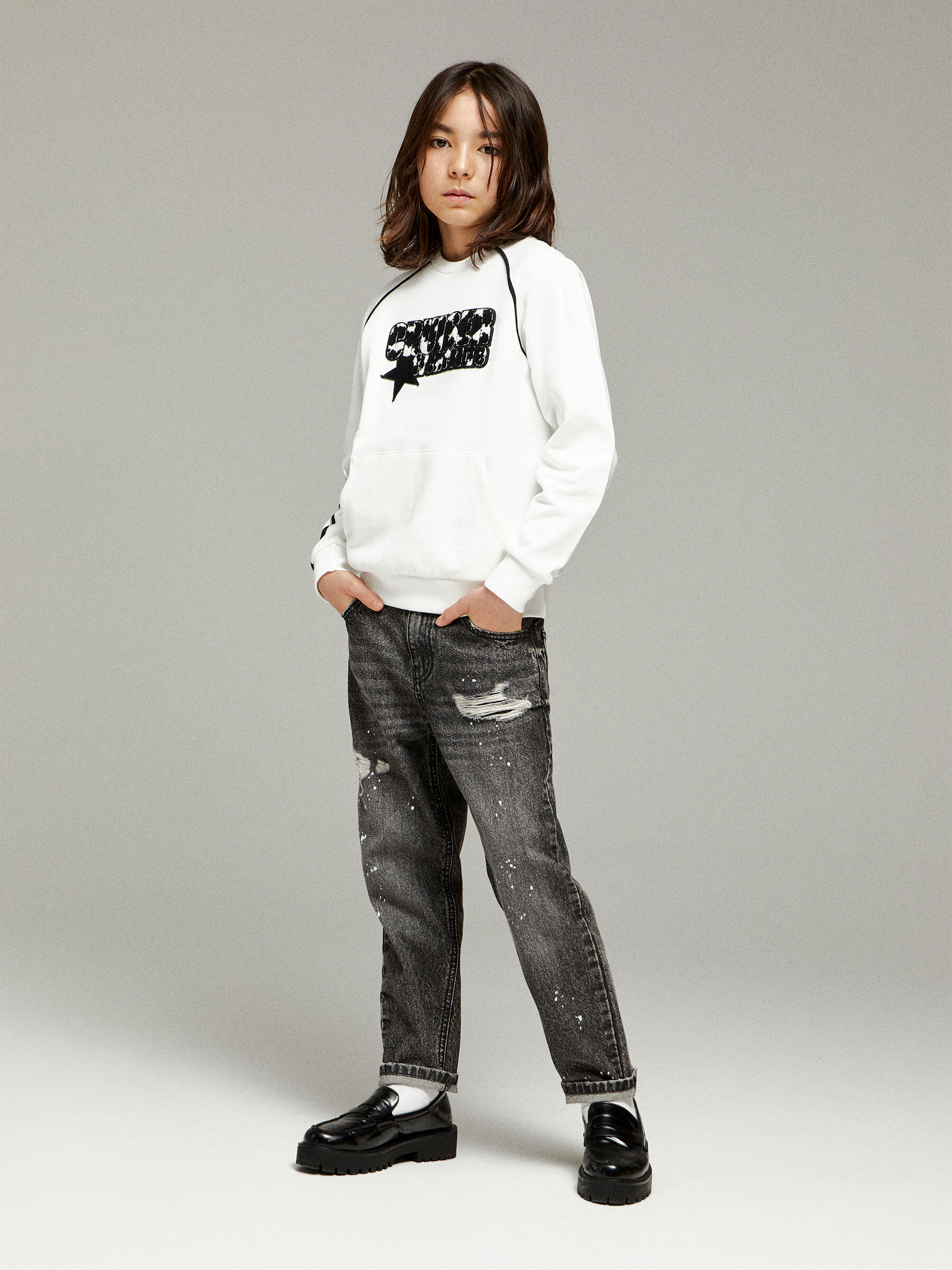Jeans baggy effet claboussure Noir Sisley