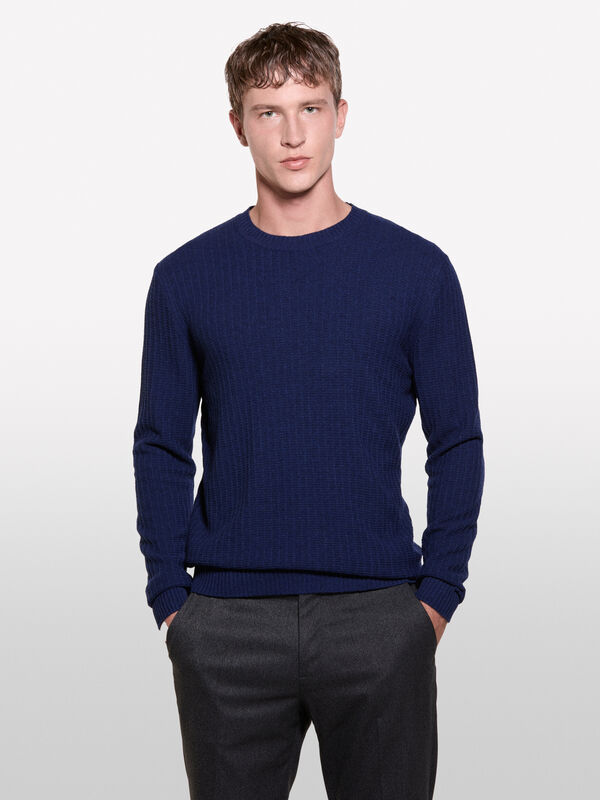 Pull bleu foncé en maille 3D - pulls col rond pour homme | Sisley