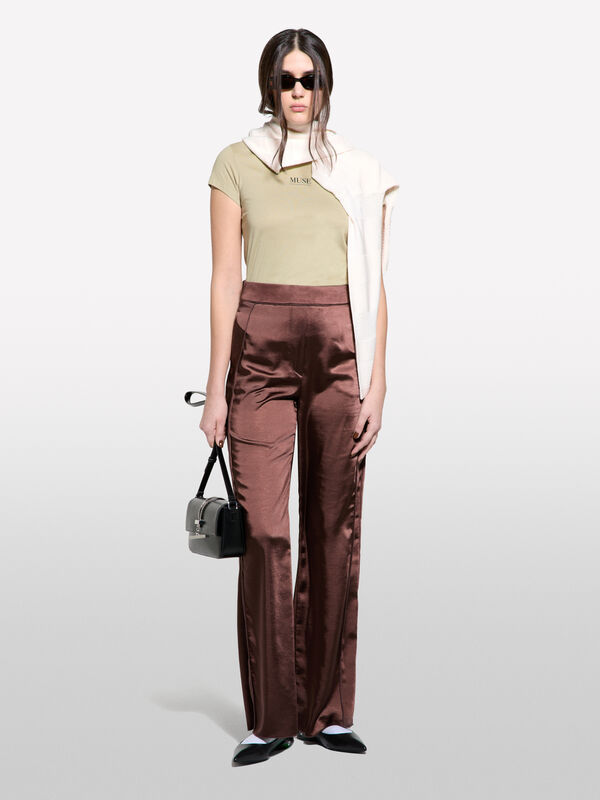 Pantalon palazzo marron en satin - pantalons palazzo pour femme | Sisley