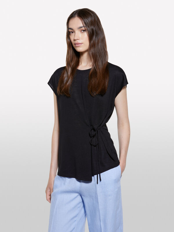 T-shirt noir &agrave; lacets - t-shirts &agrave; manches courtes pour femme | Sisley