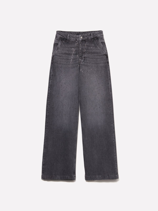Jeans gris foncé à strass - jeans larges pour femme | Sisley