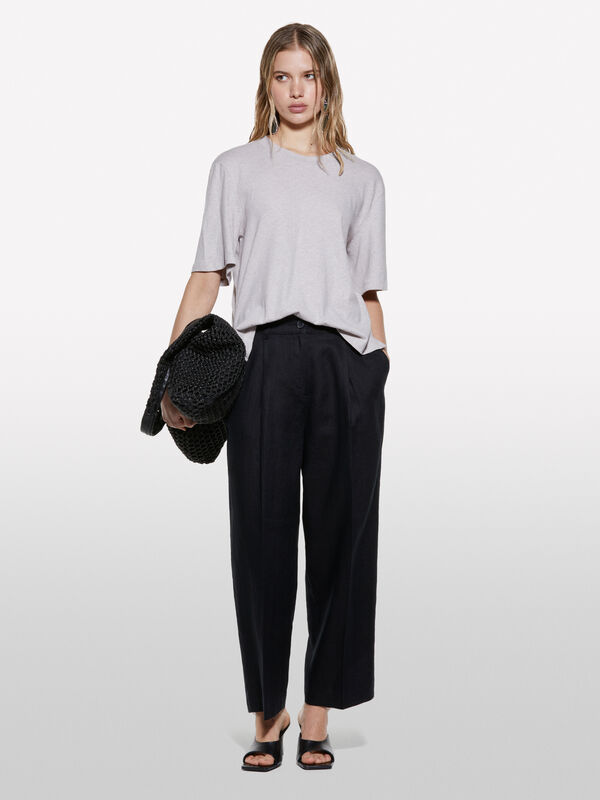 Pantalon noir coupe décontractée en 100% lin - pantalons regular pour femme | Sisley