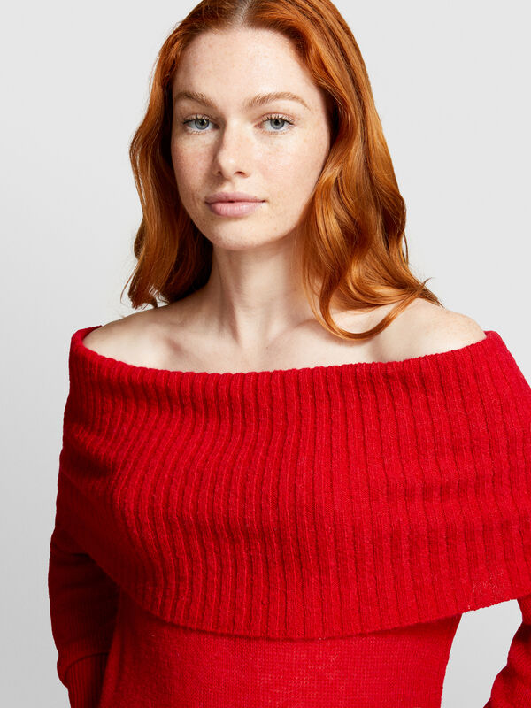 Pull rouge épaules dénudées  - pulls à encolure bateau pour femme | Sisley