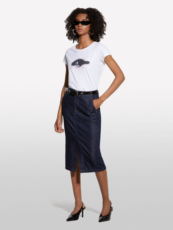Longuette slim en denim bleu foncé - jupes midi, jupes mi-longues femme | Sisley