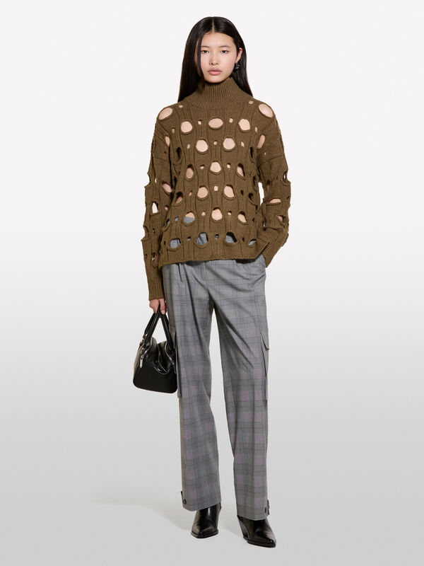 Pull marron ajouré - pulls col montant pour femme | Sisley