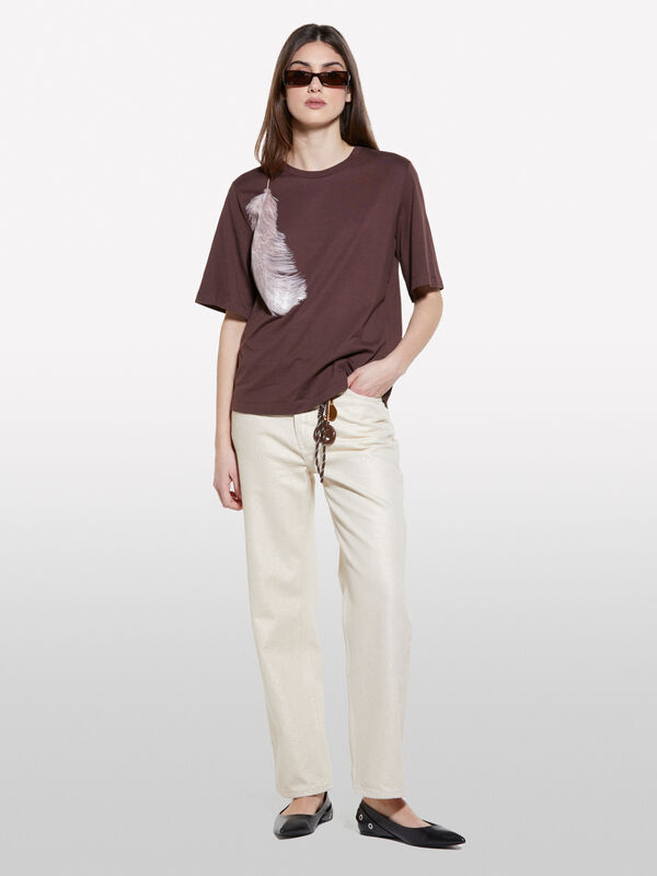 T-shirt marron à imprimé plume - t-shirts à manches courtes pour femme | Sisley