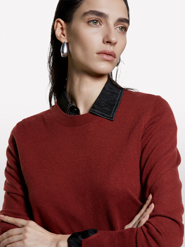Pull ras du cou rouge brique - pulls col rond pour femme | Sisley