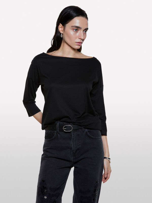 T-shirt noir à col bateau - t-shirts à manches longues pour femme | Sisley