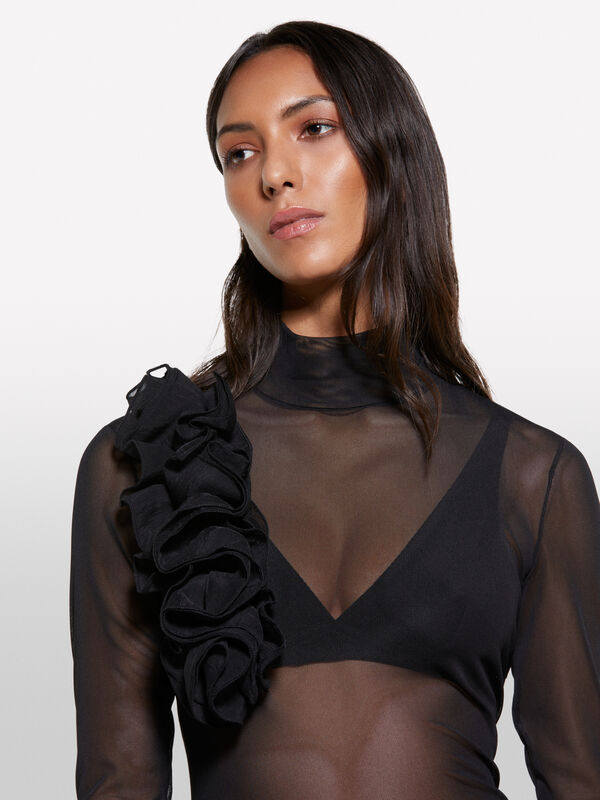 T-shirt en tulle noir à fleurs - t-shirts à manches longues pour femme | Sisley