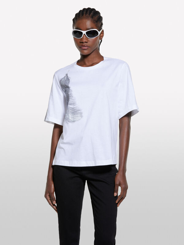 T-shirt blanc à imprimé plume - t-shirts à manches courtes pour femme | Sisley