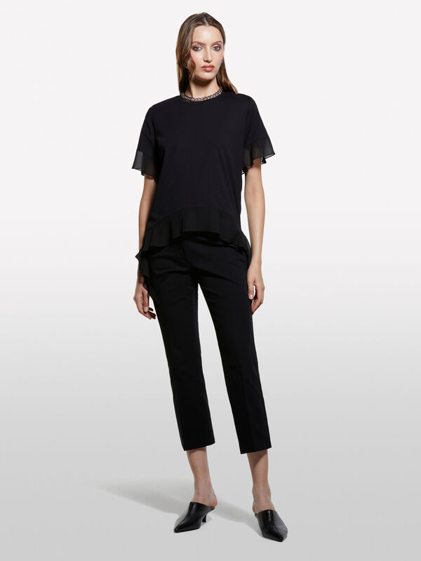 T-shirt noir à volants T-shirt noir à volants - t-shirts à manches courtes pour femme | Sisley