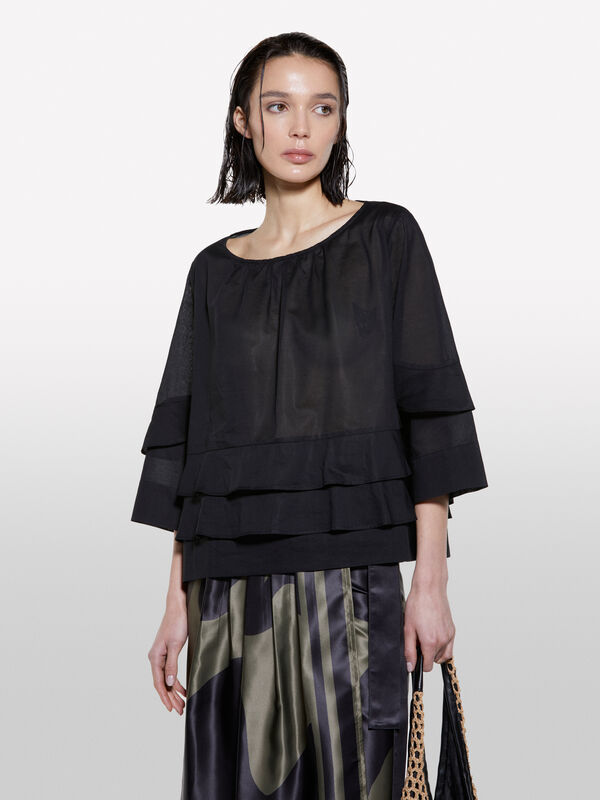 Blouse noire à volants - blouses pour femme | Sisley