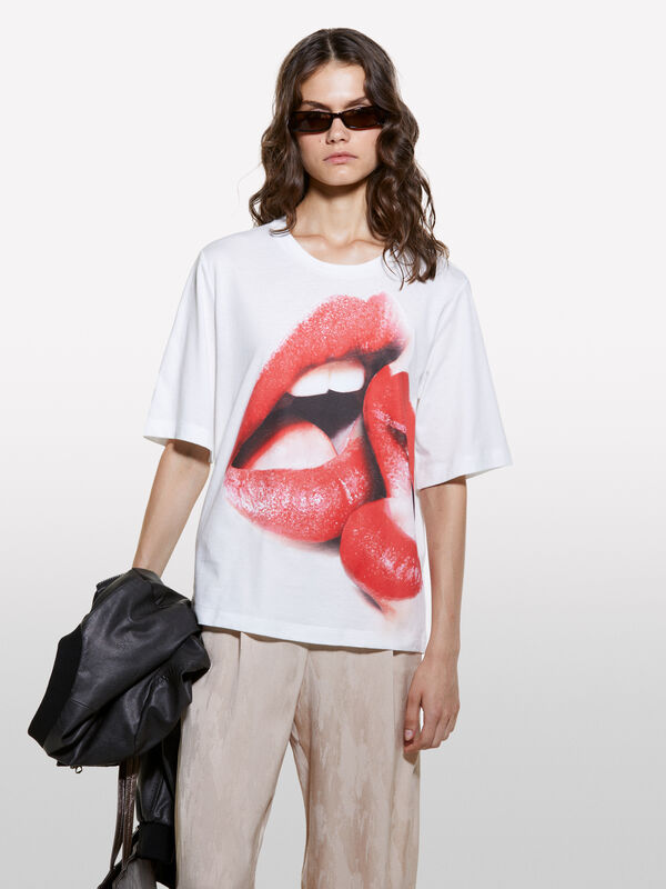 T-shirt boy fit en 100 % coton bio à imprimé lèvres - t-shirts à manches courtes pour femme | Sisley