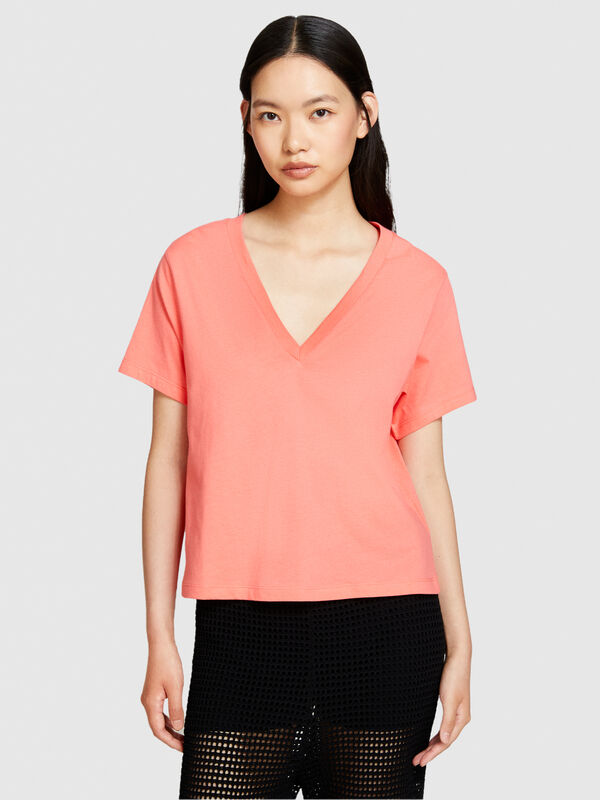 T-shirt 100 % coton bio à col en V - t-shirts à manches courtes pour femme | Sisley