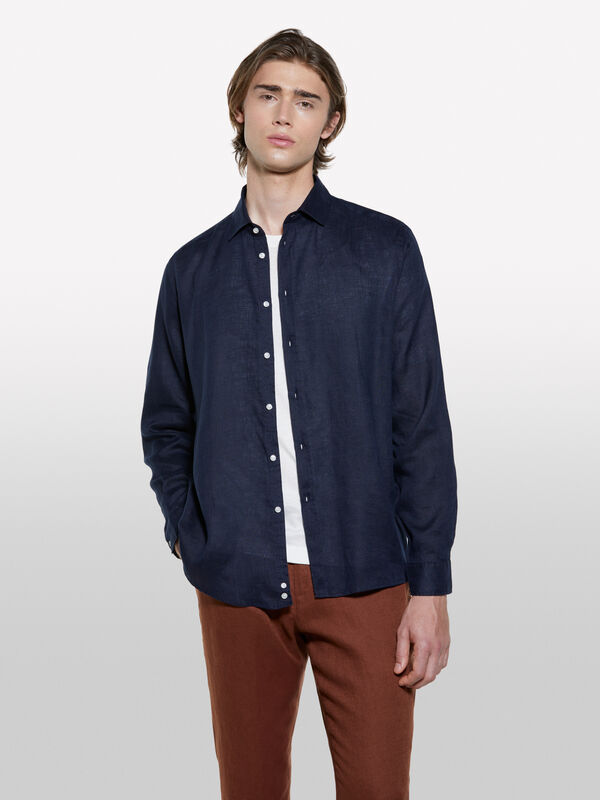 Chemise bleu foncé 100 % lin - chemises regular pour homme | Sisley