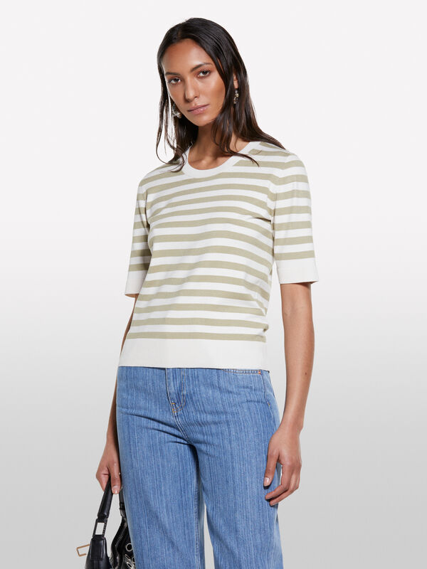 Pull à rayures beiges et crème - pulls col rond pour femme | Sisley
