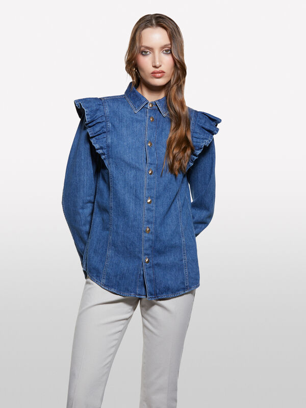 Chemise en jean bleu à volants - chemises pour femme | Sisley