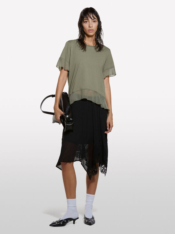 T-shirt vert militaire à volants - t-shirts à manches courtes pour femme | Sisley