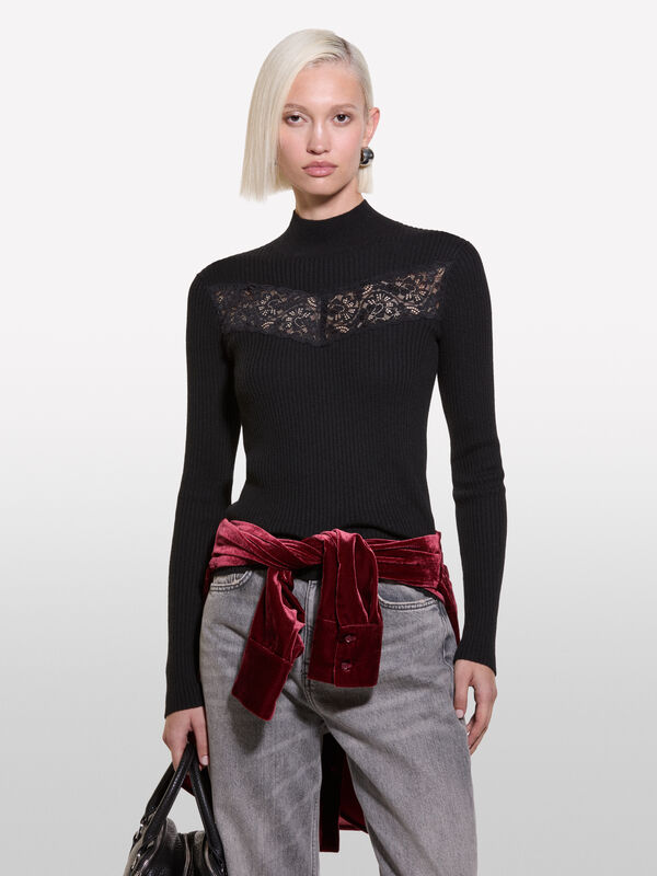Pull noir à dentelle et col montant - pulls col montant pour femme | Sisley