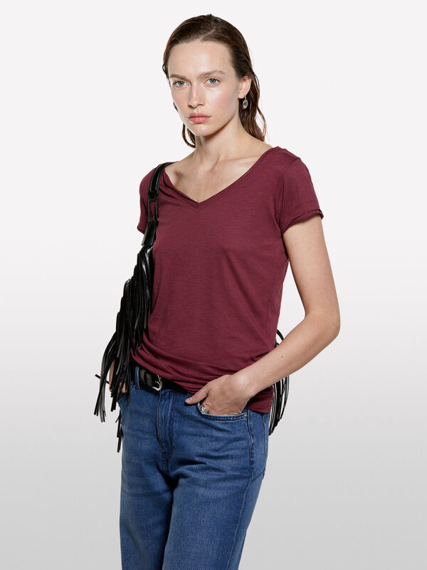 T-shirt col V bordeaux T-shirt col V bordeaux - t-shirts à manches courtes pour femme | Sisley