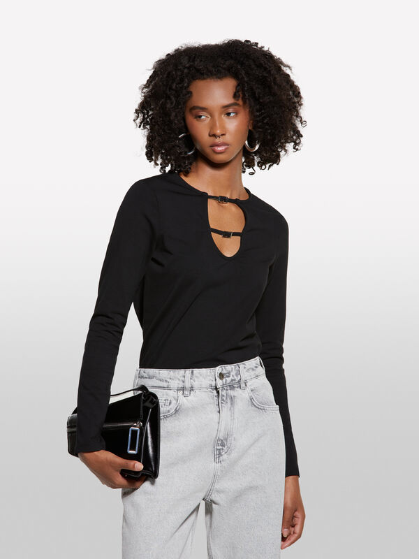 T-shirt noir avec découpe - t-shirts à manches longues pour femme | Sisley