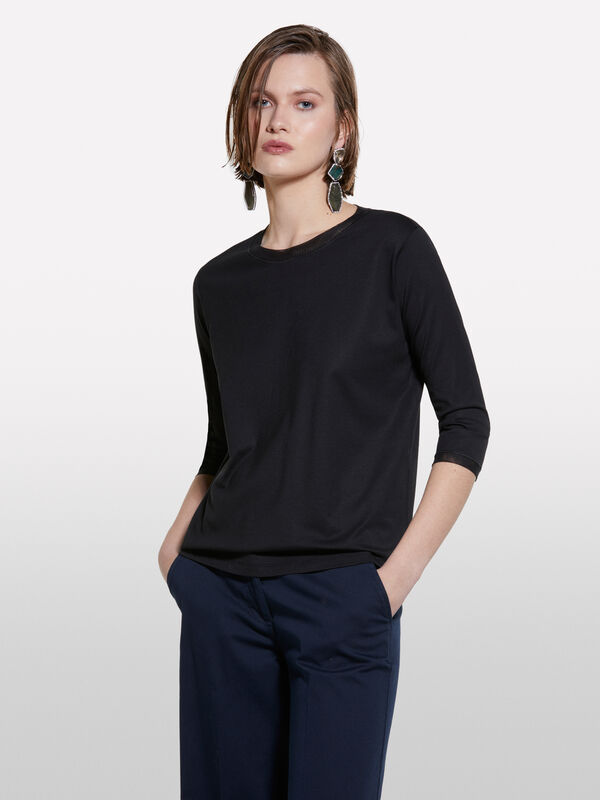 T-shirt noir à empiècements en tulle - t-shirts à manches longues pour femme | Sisley