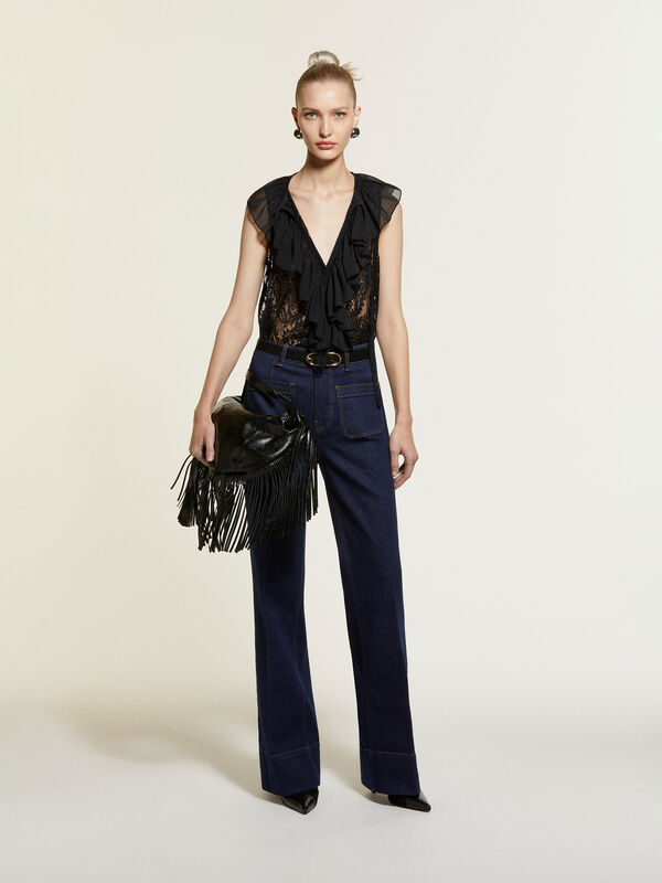 Haut en dentelle noire avec jabot - hauts pour femme | Sisley