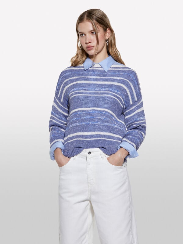 Pull rayé bleu clair avec lurex - pulls à encolure bateau pour femme | Sisley