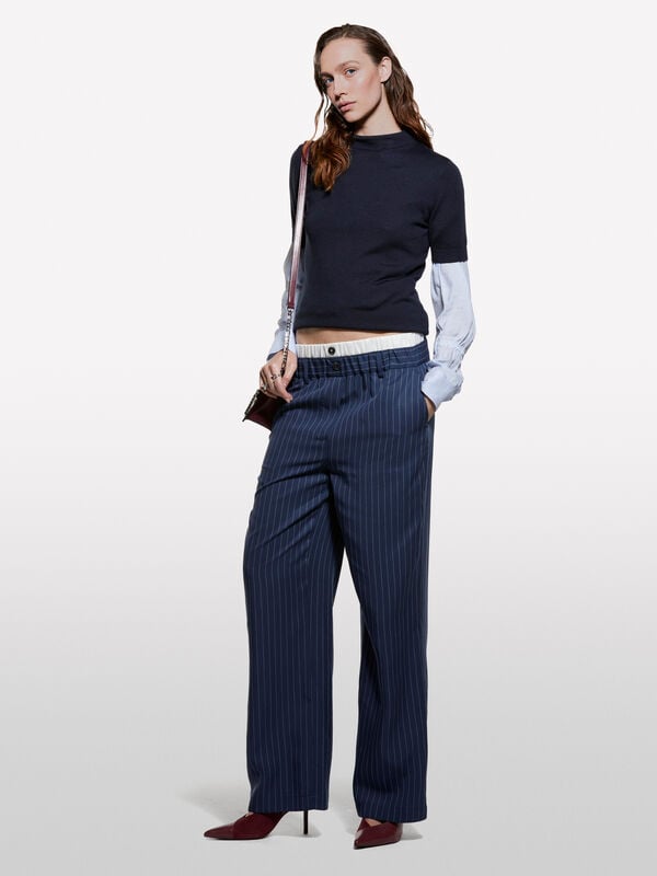 Pantalon rayé bleu foncé avec boxer Pantalon rayé bleu foncé avec boxer - pantalons palazzo pour femme | Sisley