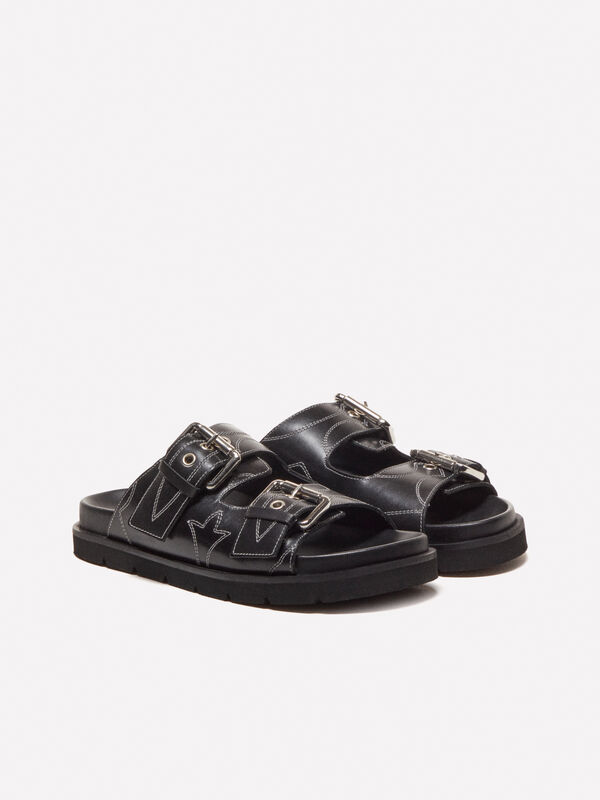 Chaussons en cuir noir avec surpiqûres - sandales et claquettes pour femme | Sisley