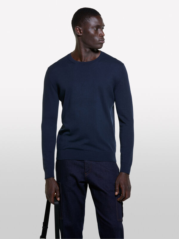 Pull uni bleu foncé - pulls col rond pour homme | Sisley