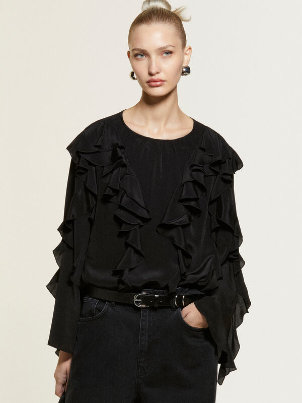 Chemisier noir à volants - blouses pour femme | Sisley