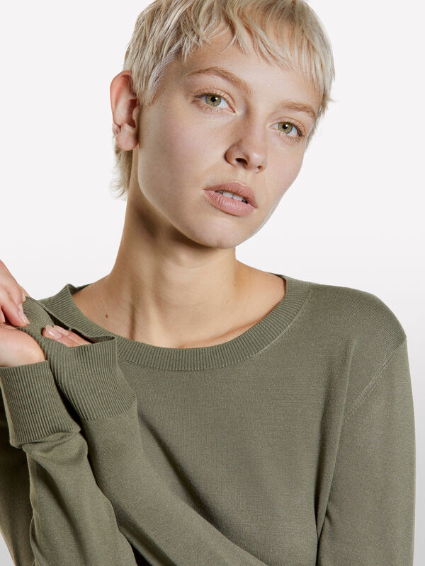Pull ras du cou vert militaire - pulls col rond pour femme | Sisley