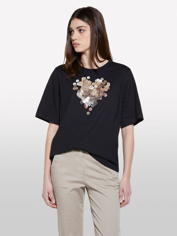 T-shirt noir à imprimé cœur - t-shirts à manches courtes pour femme | Sisley