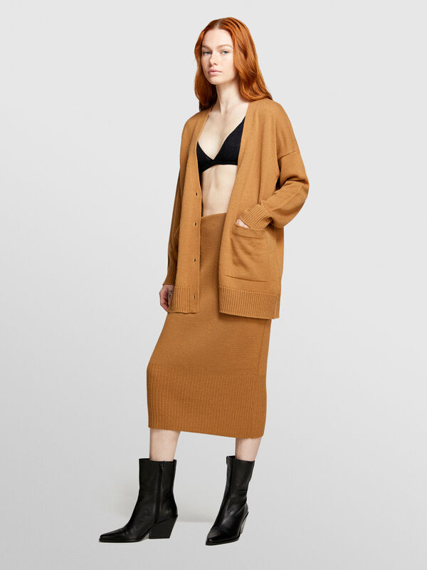 Jupe midi camel en maille - jupes midi, jupes mi-longues femme | Sisley
