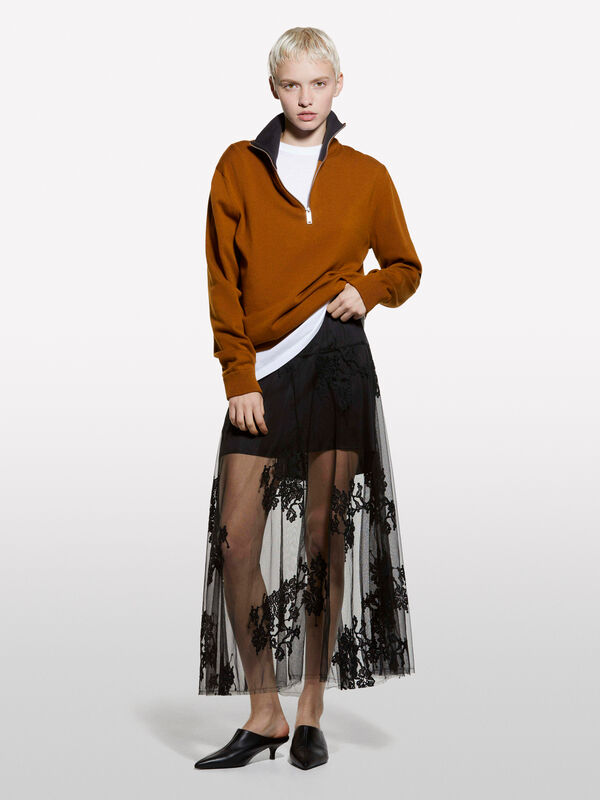 Jupe transparente en tulle noir et dentelle - jupes midi, jupes mi-longues femme | Sisley