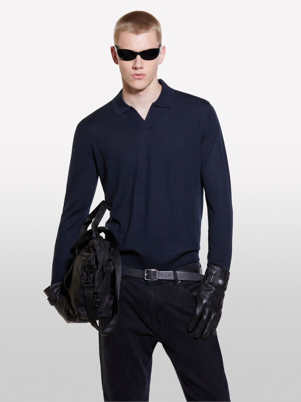 Polo bleu foncé en maille - pulls col en v pour homme | Sisley