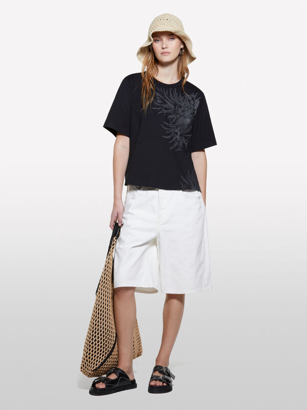 T-shirt noir imprimé plantes marines - t-shirts à manches courtes pour femme | Sisley