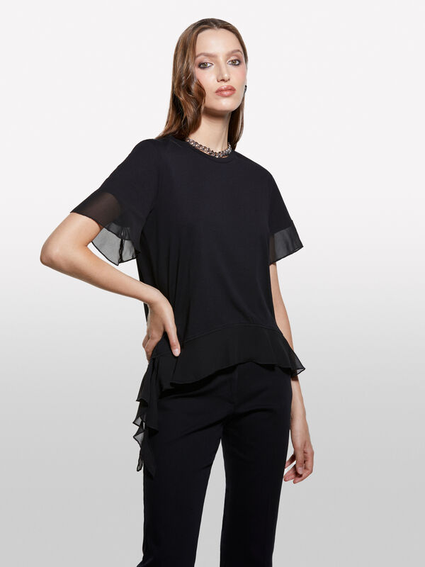 T-shirt noir à volants - t-shirts à manches courtes pour femme | Sisley