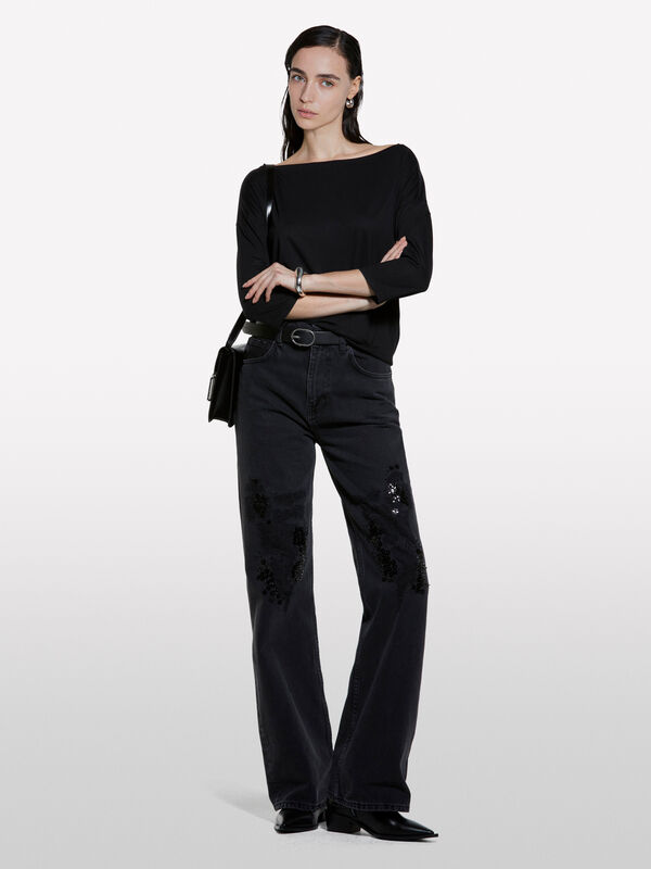 T-shirt noir à col bateau - t-shirts à manches longues pour femme | Sisley