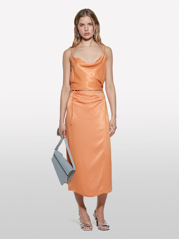 Jupe en satin orange - jupes midi, jupes mi-longues femme | Sisley