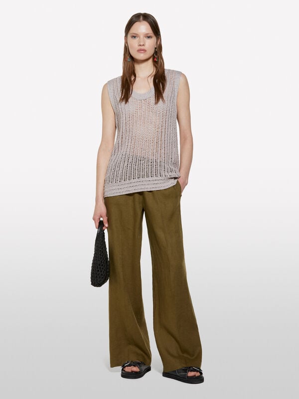 Pantalon coupe flare vert militaire en 100% lin - pantalons palazzo pour femme | Sisley
